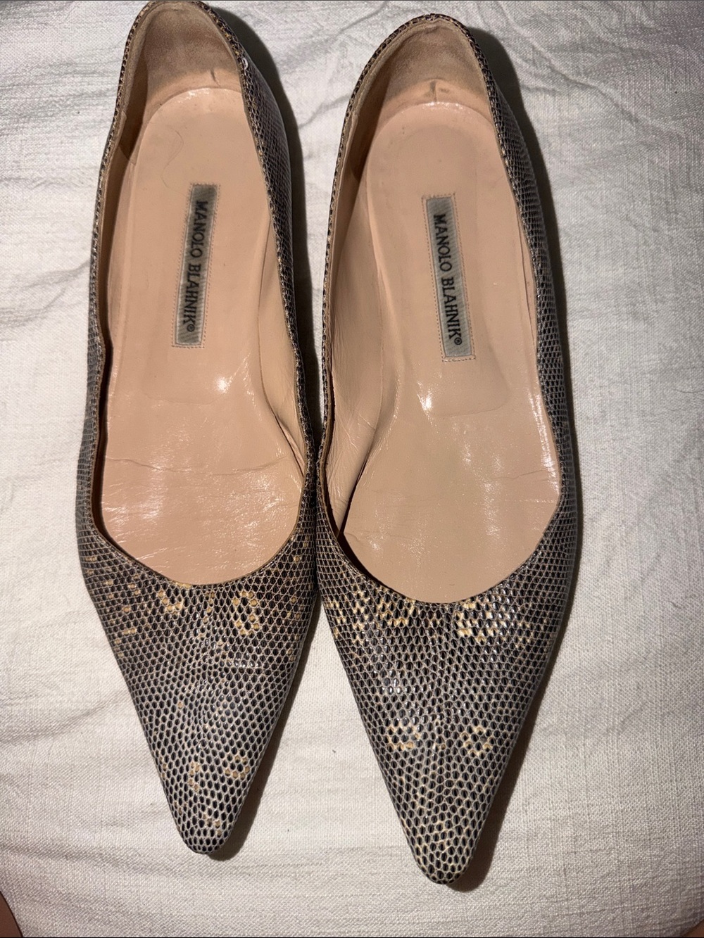 Manolo Blahnik Pointed Toe Snakeskin-Print Flats in Taupe and Beige